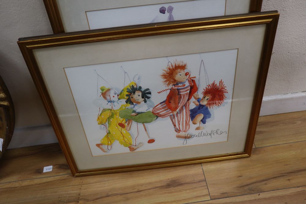 Judith Caulfield Walshe, five watercolours, Studies of clowns and puppets, signed, largest 45 x 33cm